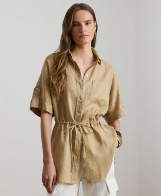 Petite Linen Drawcord-Waist Collared Tunic Top