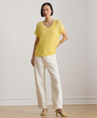 Petite V-Neck Open-Knit Sweater