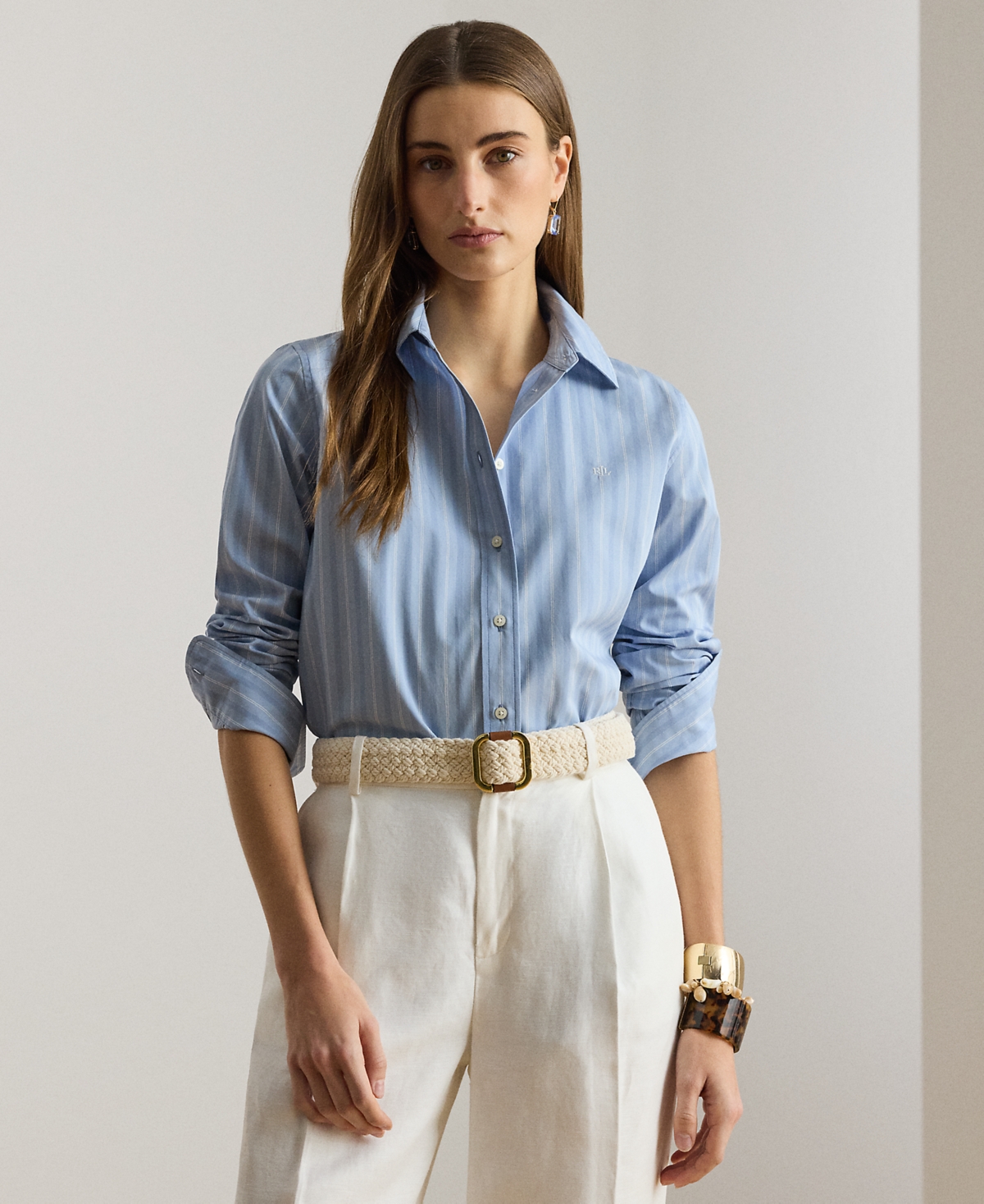 Lauren Ralph Lauren Petite Striped Broadcloth Collared Shirt - Blue/White Multi
