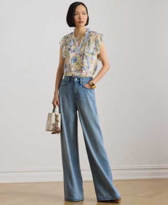 Petite Floral-Print Ruffle Band Collar Georgette Top