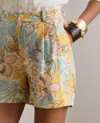 Petite Floral-Print Pleated Pull-On Shorts