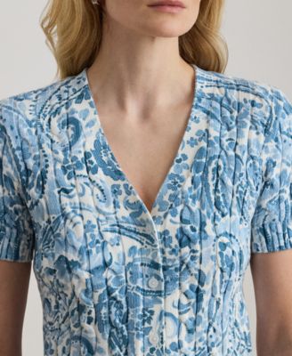 Petite Paisley-Print Cable-Knit V-Neck Cardigan