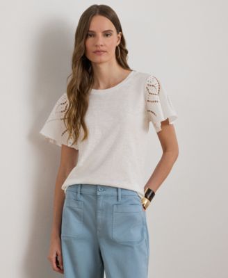 Petite Eyelet Flutter-Sleeve Crewneck Top