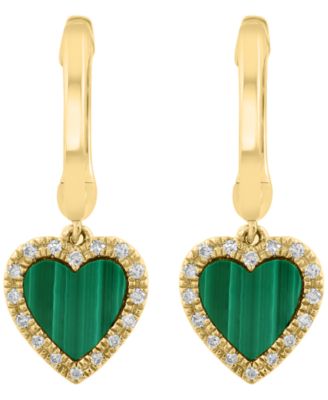 Malachite & Diamond (1/10 ct. t.w.) Heart Drop Earrings in 14k Yellow Gold