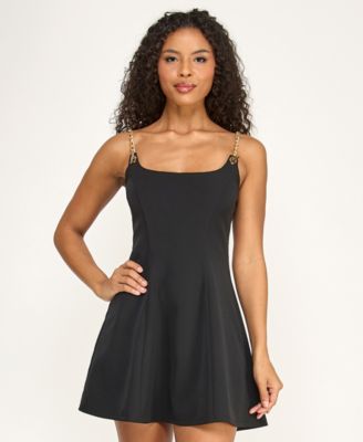 Juniors' Scoop Neck Chain-Link Straps Flared Dress