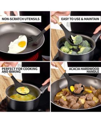 5 Piece Silicone Utensils Set with Authentic Acacia Wood Handles