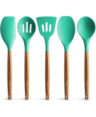 5 Piece Silicone Utensils Set with Authentic Acacia Wood Handles