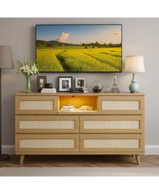 Rattan Wooden Dresser for Bedroom with 6 Drawers,47 Inch Wide Modern Dresser with Charging Station & LED Lights,Open Shelves Living Room