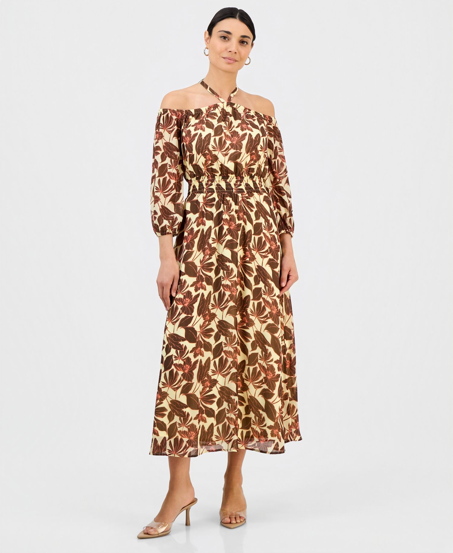 Petite Printed Halter Smock-Waist Maxi Dress