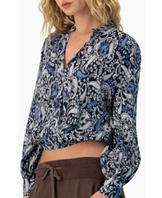 Women's Long Sleeve Paisley V-Neck Blouse