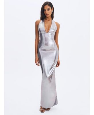 Women's Valeska Silver Foil Plunging Sheath Maxi Dress