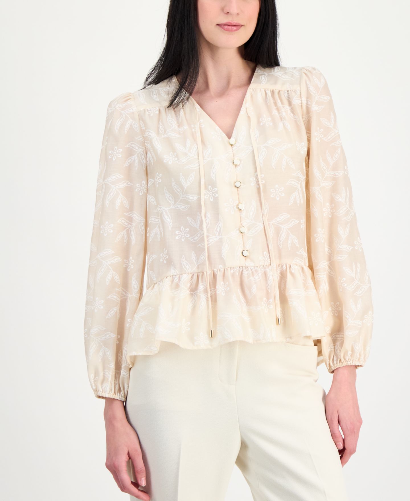Женская блузка Tahari ASL Long-Sleeve Peplum Blouse, цвет: Песочная слоновая кость — фото 3