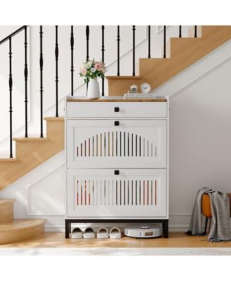 Modern Wooden Shoe Storage Cabinet – 2 Turn Drawers, Adjustable Shelf, Top Drawer, Anti-Tipping, Space-Saving Hidden Organizer for Entryway