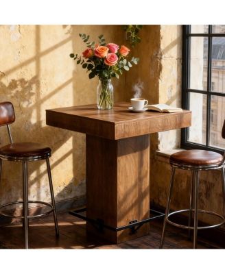 37.4" H Square Bar Table, Wooden Bistro Pub Table with Metal Footrest