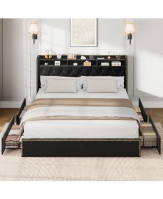 King Size Bed Frame with 4 Storage Drawers, Velvet Fabric Upholstered Platform Bed with Tufted Headboard, Wooden Slats, No Box Spring Required