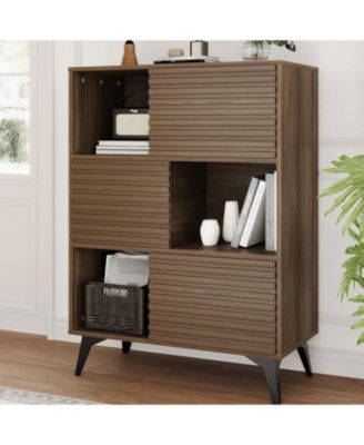 31" Fluted Sliding Door Sideboard,Modern Wooden Storage Cabinet with Metal Base, Floor-Standing Storage Cabinet