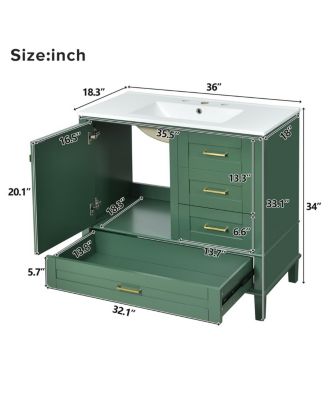 Bathroom Vanity with Ceramic Sink, Solid Pine Frame, Soft Close Drawers & Door for Small Spaces