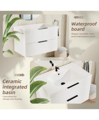 24" Wall Mounted Bathroom Vanity with Ceramic Sink, Fluted MDF Cabinet & Drawers for Modern Bathrooms