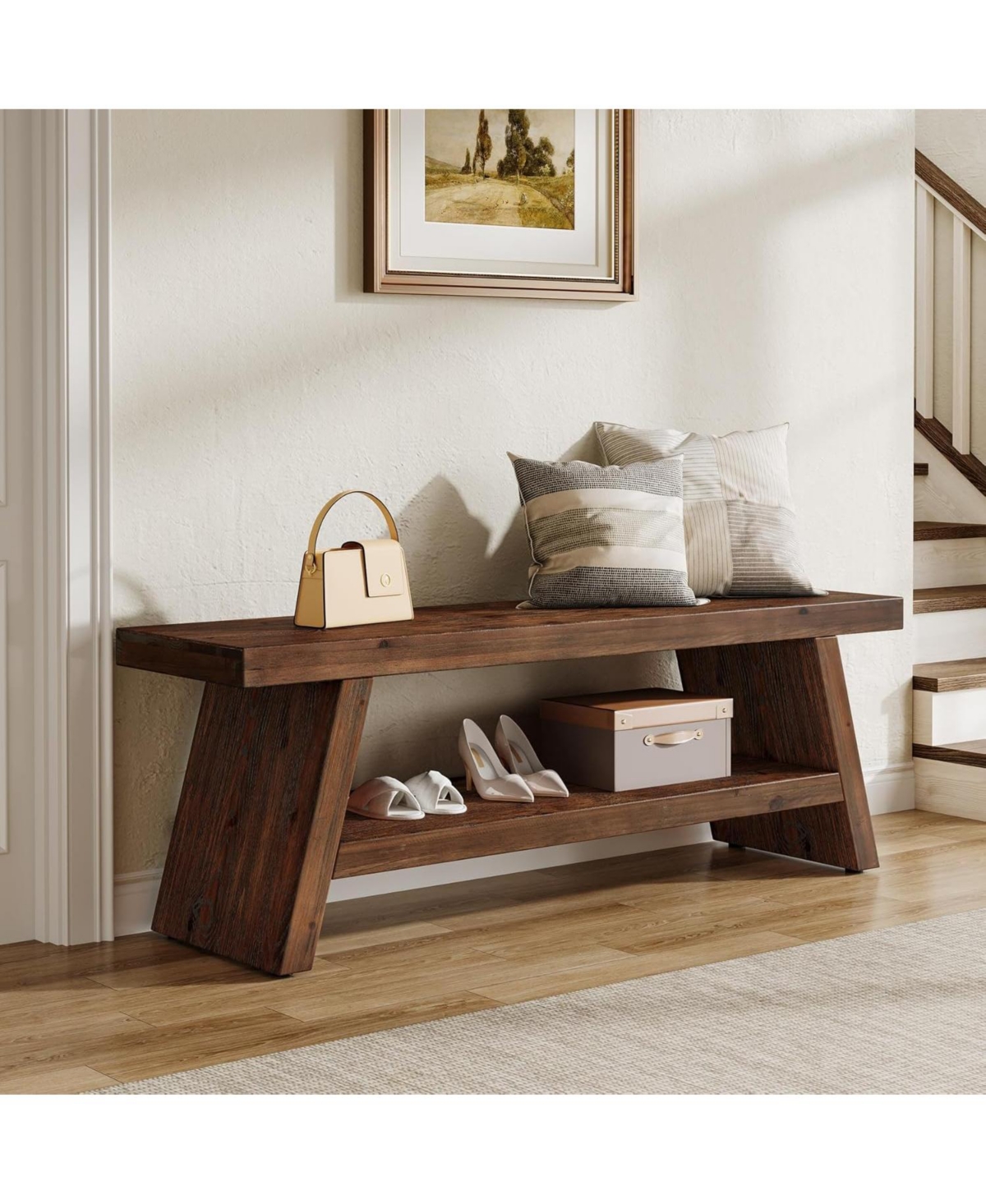 Tribesigns 2-Tier Solid Wood Entryway Bench, Hallway Foyer Seating with Open Shelves, Wooden Shoe Bench Indoor