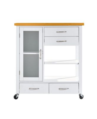 Kitchen Island Cart, Portable Bar Rolling Storage Cabinet on Wheels with Open Shelving, Drawers, and a Glass-Door for Kitchen