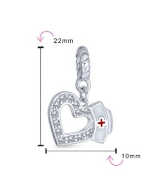 Heart Shape RN Cap Nurse Dangle Bead Charm For Charm Bracelet .925 Sterling Silver