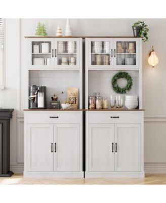 Kitchen Pantry Cabinet with Microwave Stand & Coffee Bar,Wooden Freestanding Hutch Cabinet with Adjustable Shelves and 4 Doors