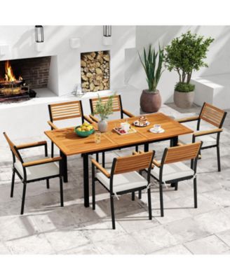 7-Piece Patio Furniture Set Outdoor Dining Chair Set for 6 w/ Acacia Wood and Metal Frame