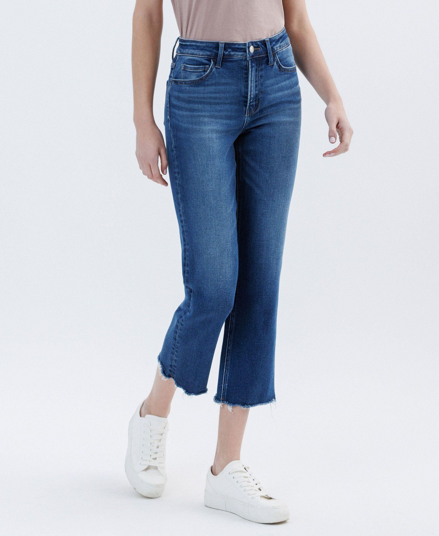 Women's High Rise Uneven Hem Crop Straight Jeans