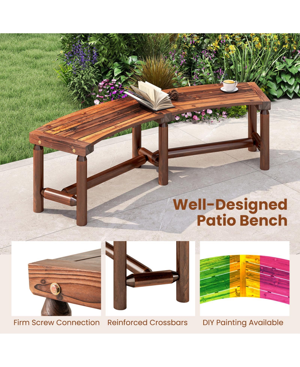 Gymax Patio Curved Bench for 2-3 People Outdoor Loveseat Backyard Garden