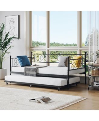 Metal Daybed with Trundle Bed, Modern Twin Size Sofa Bed with Steel Slat Support, Space Saving Daybed Frame for Guest Room, Living Room
