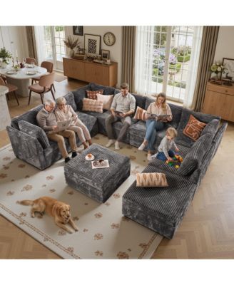 9-Piece Modular Sectional Sofa Couch with Chaise Ottomans, Comfy Plush Corduroy Cloud Couches, Modern Deep Seat Sofas Set for Living Room