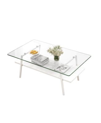 Rectangle Coffee Table, 2 Tier Center Table with Clear Tempered Glass Top and Metal Legs for Living Room