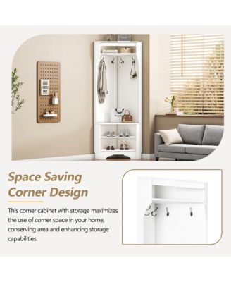 Corner Hall Tree - Versatile Entryway Coat Rack with 4 Hooks and Adjustable Shoe Shelf for Living Room, Hallway