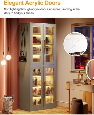 8-Tier Tall Shoe Storage with Acrylic Doors and LED Lights Set of 2, Organizer Rack with Adjustable Shelves and Hanging Hooks