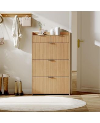 Modern Shoe Cabinet with 3 Flip Drawers and 2 Small Drawers and Hook Slim Fluted Shoe Storage Organizer.