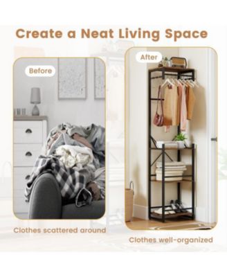 Freestanding Coat Rack with 6 Hooks and 4 Storage Shelves