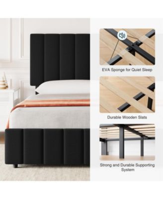 Linen Upholstered Platform Bed Frame 4 Storage Drawers Adjustable Headboard No Box Spring Wooden Slats Support