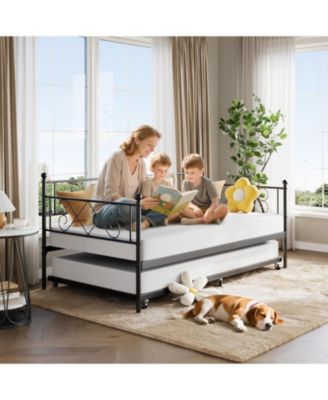 Daybed with Trundle Metal Twin Daybed Frame Headboard Platform Sofa Bed Metal Slats Living Room Guest Room