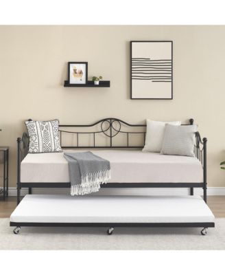 Daybed with Trundle Twin Day Bed 6 Wheels Art Sweet Heart Heavy Duty Metal Slats Pull Out Sofa Bed
