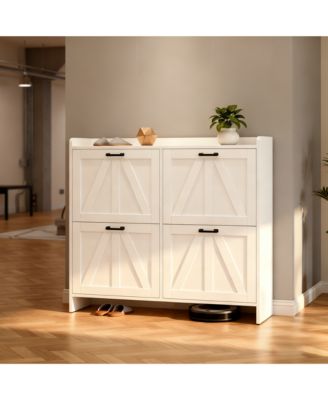 Modern Farmhouse Shoe Cabinet - 4 Flip Drawers and Adjustable Shelves, Entryway Organizer for Living Room, Hallway, White