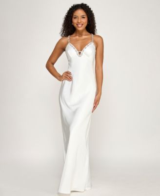Juniors' Rhinestone Trim Long V-Neck Slip Dress