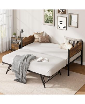 Daybed with Trundle, Metal Frame with Wavy Wood Grain Headboard and Lockable Casters