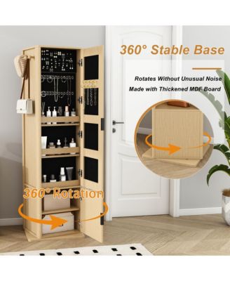 360° Rotating Makeup & Jewelry Storage Cabinet - Standing Organizer with Coat Rack, Full-Length Mirror and Open & Hidden Shelves for Bedroom