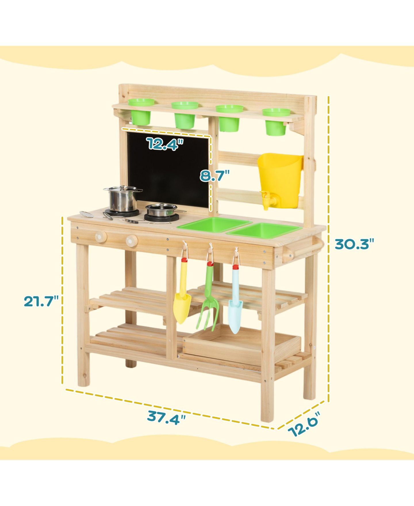 Детская игрушка Qaba Wooden Kids Mud Kitchen with Kitchenware and Garden Tools, цвет: Натуральный — фото 5