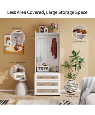 Wardrobe - Freestanding Closet Organizer with 3 Wood Drawers and Hanging Rod for Living Room, Bedroom Organizer
