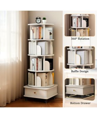 5 Tier Rotating Bookshelf with Drawers On Wheel, 360° Display Spinning Corner Bookcase, Wooden Storage Rack for Study Room