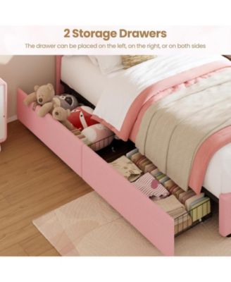 Velvet Upholstered Platform Bed Frame with LED Light, Storage Drawer, Cute Bear Headboard & Solid Wooden Slat Support