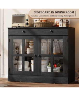 Modern Buffet Cabinet, Sideboard Storage with Glass Doors, Adjustable Shelf Large Drawer Cabinet, Dining Room Kitchen Entryway Cupboard