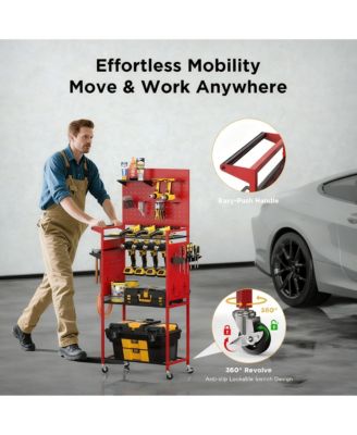 Large Pegboard Tool Organizer Cart with 3-Tier Shelves for Garage and Home