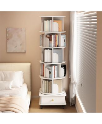 6 Tier Rotating Bookshelf with Drawers On Wheel, 360° Display Spinning Corner Bookcase, Wooden Storage Rack for Study Room, Office